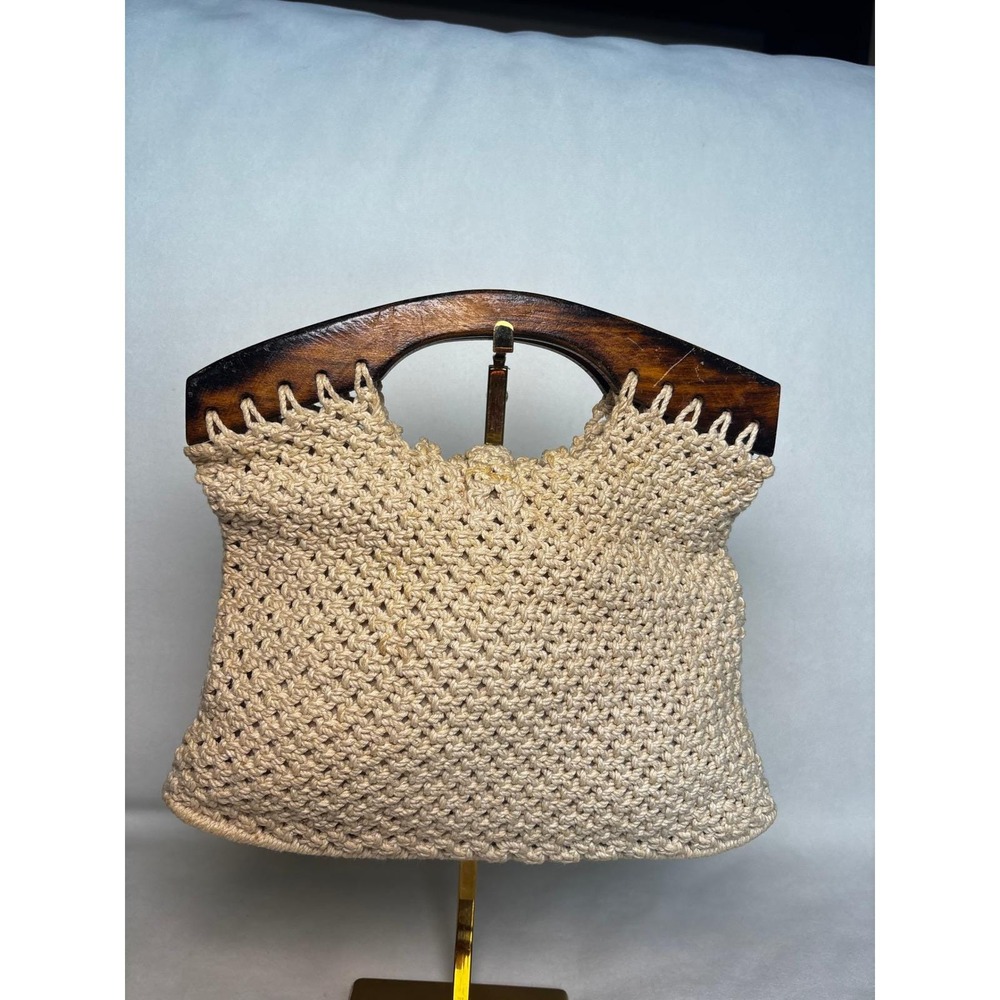 Vintage Macrame Handbag Cream Boho Wood Handle Geometric Knit Tote Bag - Picture 2 of 3